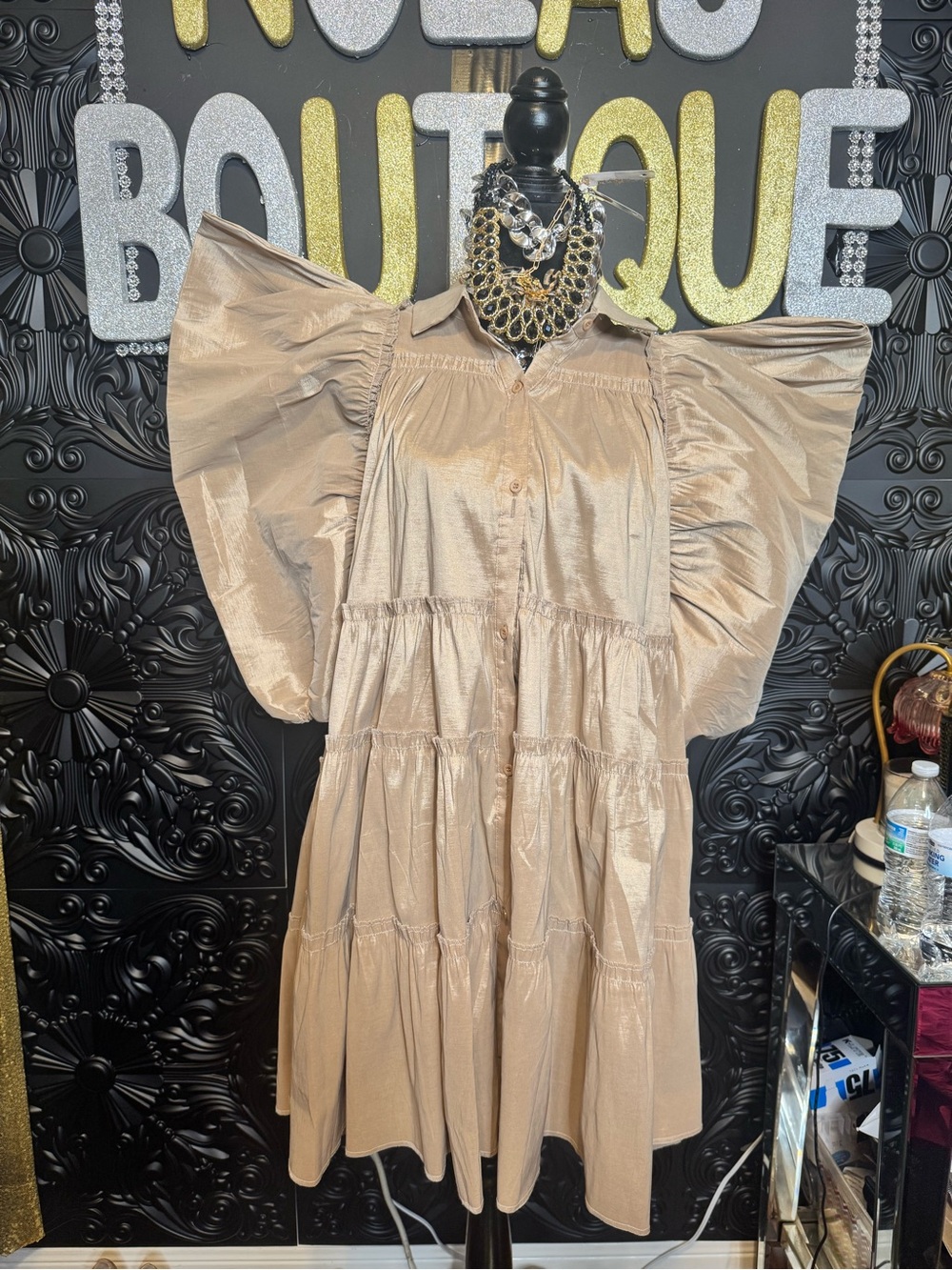 Beige Puff-Sleeve Tiered Dress - Unbranded